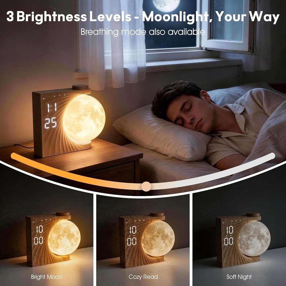 AIRIVO Sunrise Alarm Clock Moon Lamp Wood Grain Sound Machine New